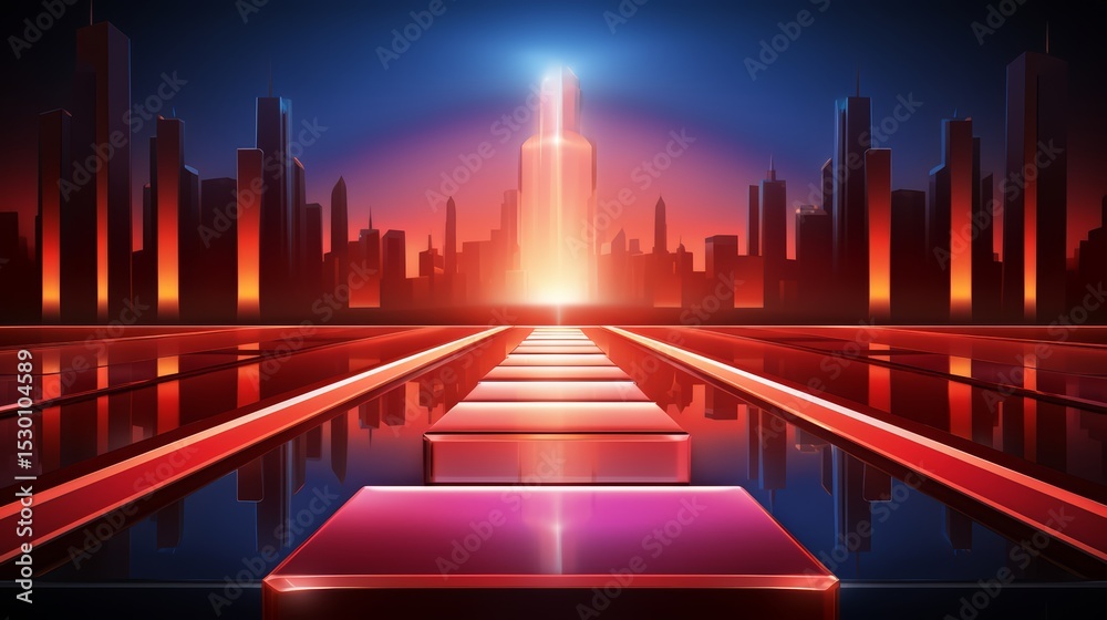 Poster city skyline with a large building in the middle and a red and blue background. the city is lit up a