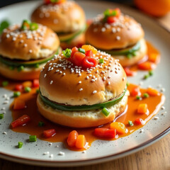 Plato de mini hamburguesas vegetarianas servidas en un panecillo con semillas de sésamo, rodajas de pepino fresco y salsa, decoradas con trozos de pimiento rojo y cebollino, presentado en un plato