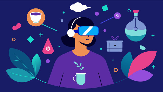Virtual reality technology being used to recreate familiar scents sounds and environments to evoke positive memories and boost mood in individuals with depression.. Vector illustration