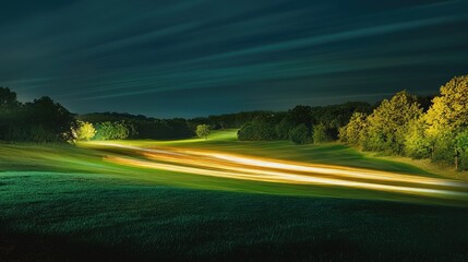 Trail of club swing rendered in light streaks against night driving range