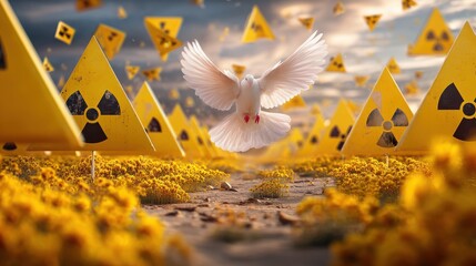 A white dove in flight its wings spread against a surreal backdrop of yellow radioactive warning symbols and a dystopian post apocalyptic environment