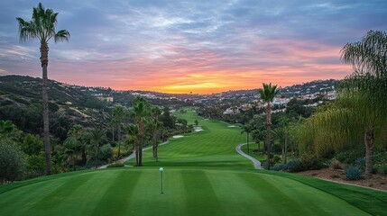 Twilight view from tee box looking toward glowing green and layered sunset sky