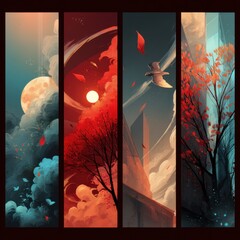 A dreamlike surreal landscape with a glowing moon silhouetted trees and ethereal clouds and birds creating a sense of wonder and imagination