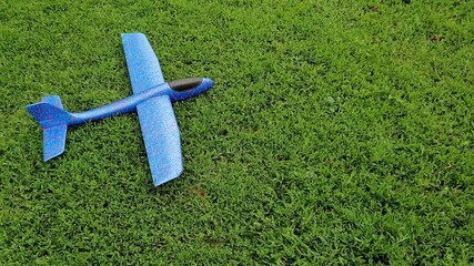 A blue glider resting on the green grass — like a child's dream that paused for breath, but still...