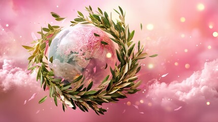 A whimsical dreamlike featuring a delicate floral sphere suspended in a serene ethereal atmosphere