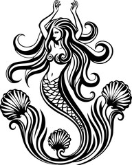 Obraz premium Sea witches summon ocean magic weaving mystic sorcery through mythical tides. Elegant Mermaid Silhouette with Seashells and Flowing Hair Design