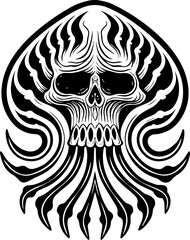 Fototapeta premium Sea witches summon ocean magic weaving mystic sorcery through mythical tides. Detailed Monochrome Skull and Tentacle Illustration for Tattoos