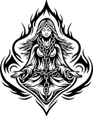 Sea witches summon ocean magic weaving mystic sorcery through mythical tides. Intricate Black and White Illustration of a Meditating Woman
