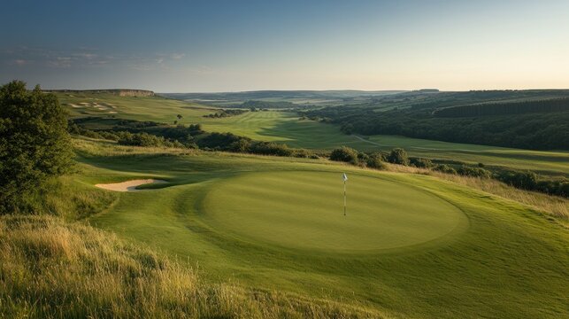 Wide landscape showing the last hole of a golf course in warm evening light