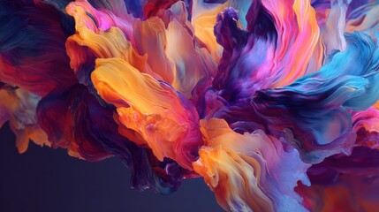 Abstract colorful fluid art painting with vibrant swirls and dynamic movement blending bright orange pink purple blue and dark background for creative modern wall decor