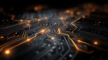 Close-up of a modern circuit board with glowing electronic pathways and intricate connections, representing advanced technology and digital infrastructure