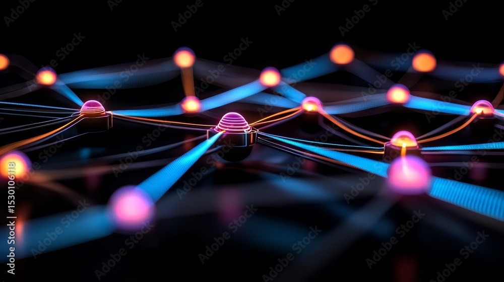 Poster Close up of a network of spheres in various colors. The spheres are connected by lines, and the colors of the spheres vary from blue to orange. Concept of complexity and interconnectedness