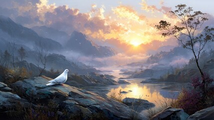 A tranquil mountain lake reflecting the vibrant hues of the sunset sky with a solitary bird perched on a rock amid the peaceful natural scenery