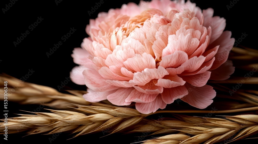 Poster close up of a pink flower with a brown stem. the flower is the main focus of the image, and the brow