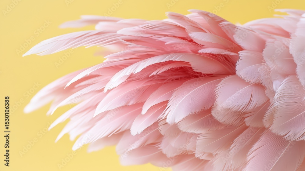 Poster close up of a pink feather with a yellow background. the feather is very detailed and has a lot of t