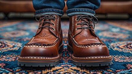 Two pairs of brown leather wingtip boots on ornate rug