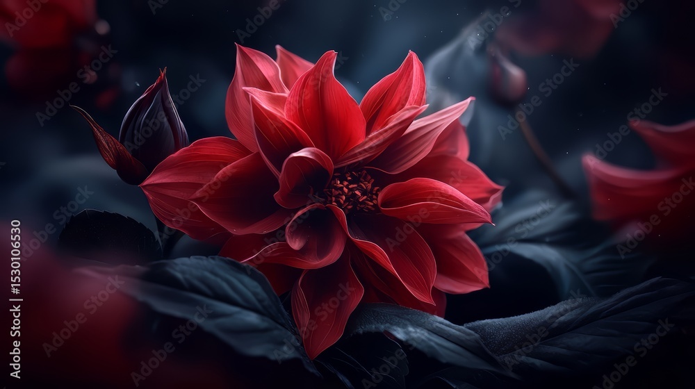 Poster Close up of a red flower with a dark background. The flower is the main focus of the image, and it is the most vibrant and beautiful part of the scene. The dark background adds a sense of depth