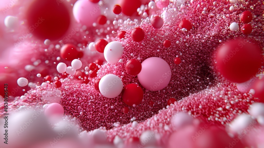 Aufkleber Close up of a red and white ball with many other red and white balls surrounding it. The image has a playful and colorful mood, with the red and white balls creating a sense of fun and whimsy