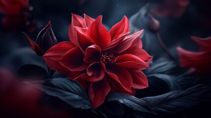 Close up of a red flower with a dark background. The flower is the main focus of the image, and it is the most vibrant and beautiful part of the scene. The dark background adds a sense of depth