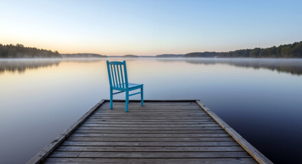 Fototapeta premium Empty blue chair on wooden dock overlooking calm misty lake at dawn or dusk.