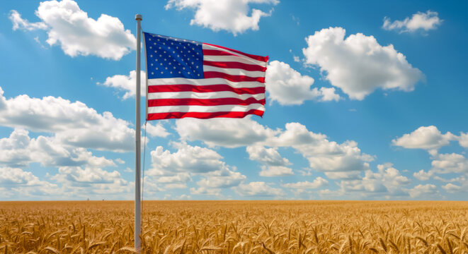 USA flag waving in golden wheat field under blue sky. Independence Day 4th of July. Fourth of July. Flag day. June 14