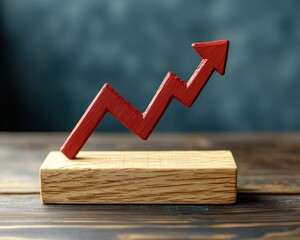 A red arrow pointing upward, rests on a small wooden block, signifying growth or progress against a blurred dark background