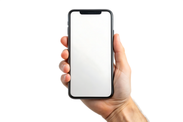 Mobile phone screen mockup in case. Hand holding smartphone display mock up isolated - on - a - white background PNG. GENERATIVE AI