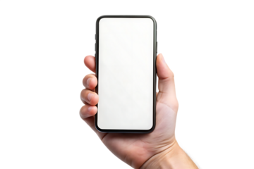 Mobile phone screen mockup in case. Hand holding smartphone display mock up isolated - on - a - white background PNG. GENERATIVE AI