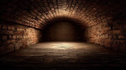 Dark underground tunnel with brick walls and arched ceiling illuminated by subtle lighting, creating a mysterious and atmospheric passageway scene