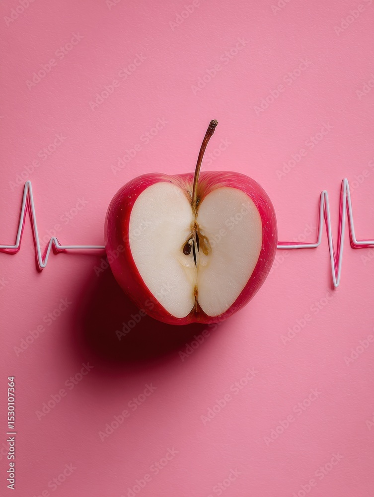 Poster heart-shaped red apple sliced with a heartbeat line symbolizing health and vitality on a pastel pink