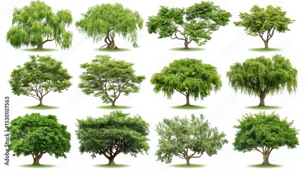 Poster Collection of trees in various sizes and shapes. The trees are all green and are spread out across the image
