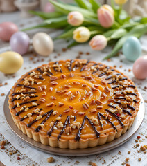 Peach Tart with Chocolate Drizzle and Easter Decor