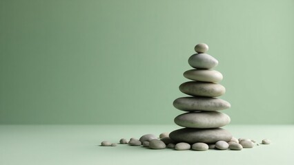 A stack of smooth gray stones balancing on top of each other on green surface