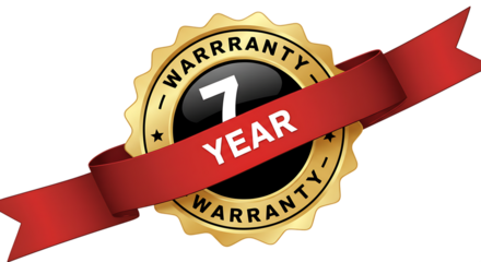 Seven year warranty gold seal with red ribbon isolated on white background