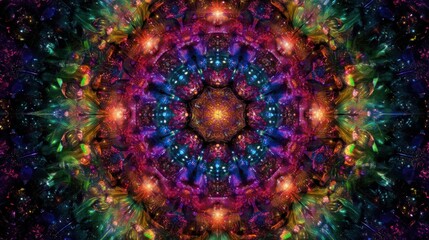Fototapeta premium Vibrant kaleidoscope of colorful lights and intricate patterns creating a mesmerizing symmetrical abstract design with glowing neon effects in a cosmic theme