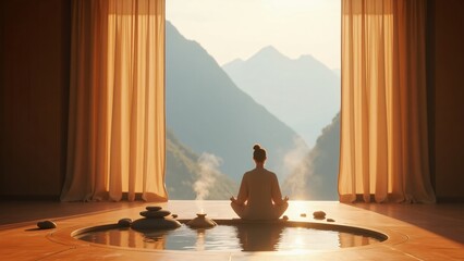 Woman meditating in lotus position overlooking mountains from indoor pool area