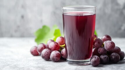 Refreshing natural grape juice in a tall glass with fresh purple grapes scattered on a textured light gray surface and a plain gray background for healthy drink