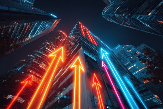 Neon arrows pointing upward on modern city skyscrapers at night.