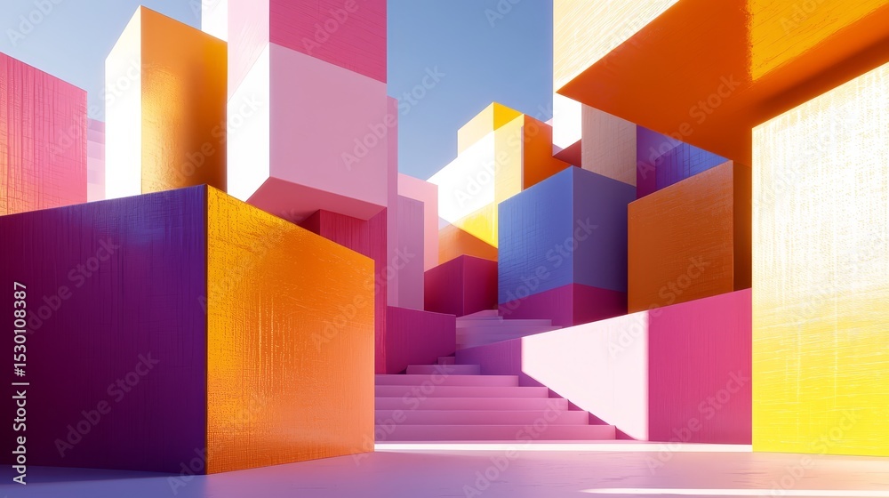 Poster Colorful cityscape made of blocks with a pink and yellow building in the middle. The blocks are arranged in a way that creates a sense of depth and dimension. The scene is bright and cheerful
