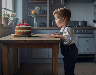 Little boy stares in amazement and excitement at the cake on the kitchen table