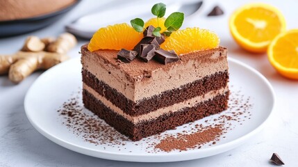 Delicious layered chocolate and orange cake with fresh fruit garnishes, chocolate shavings, and cocoa powder on a white plate for dessert or celebration