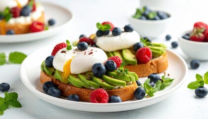 Delicious avocado toast adorned with poached eggs and fresh berries display