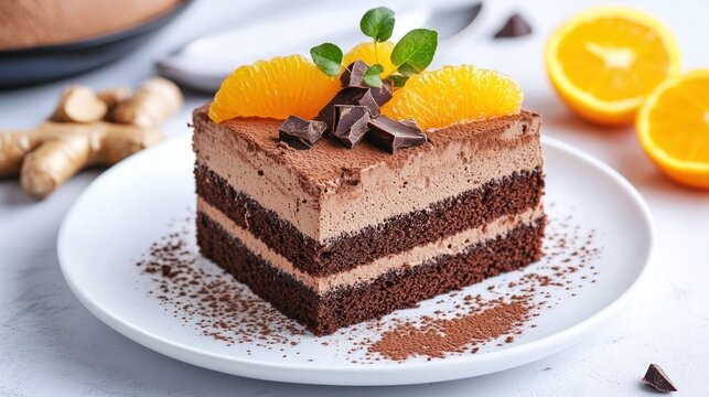 Delicious layered chocolate and orange cake with fresh fruit garnishes, chocolate shavings, and cocoa powder on a white plate for dessert or celebration