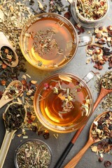 Aromatic herbal tea and dry leaves on grey table, flat lay