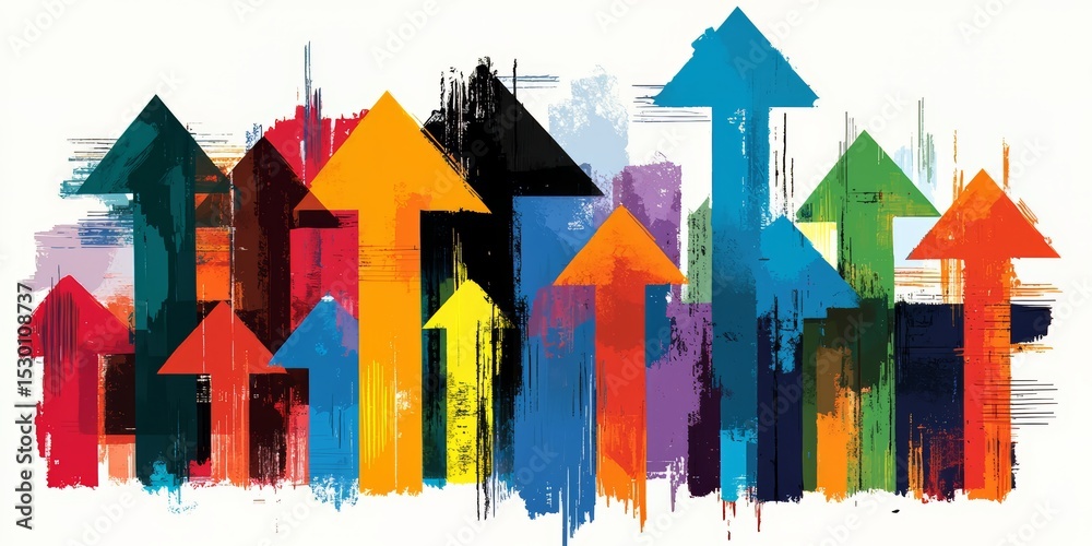 Aufkleber Colorful drawing of many arrows pointing in different directions. The arrows are of various sizes and colors, and they are all pointing upwards. Concept of growth, progress, and upward movement