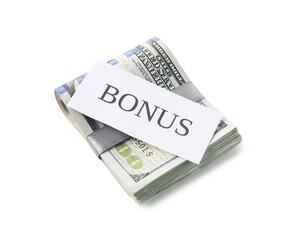 Dollar banknotes and card with word Bonus isolated on white