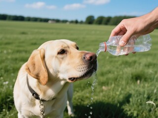 Close-up photo of a hand pouring water from a plastic bottle into a Labrador dog's mouth, with a green field in the background on a sunny day.
