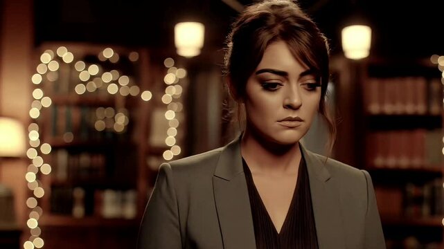 Concerned Female Lawyer Pauses in Thoughtful Silence in Classic Legal Office with Dramatic Lighting (AI Video)