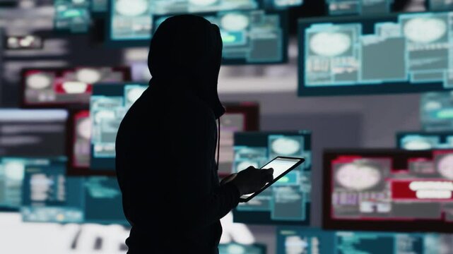 Male hacker breaking into a system in stealth mode by programming code, bypassing firewalls and exploiting vulnerabilities in network security to carry out cyber attack and infiltration. Camera A.
