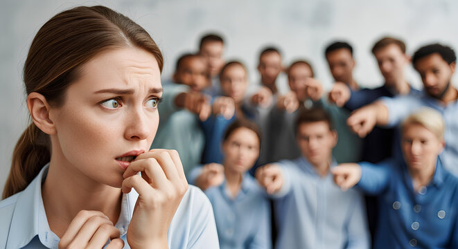  Nervous woman in foreground as a group of people point fingers in accusation behind.